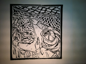 "Mending Nets" artist proof, M. Gilbertsen, 2010 - Hand-pulled linocut