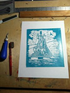 Artist proof (where I figure out what needs more carving or not) on "Good Day", M. Gilbertsen, linocut, 2013 